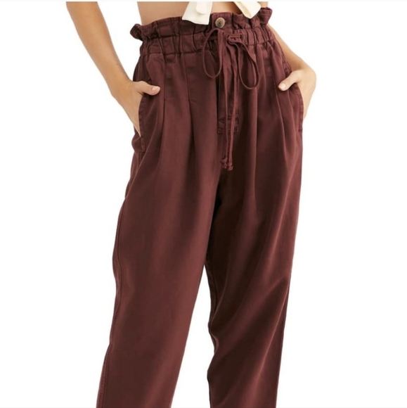 Free People Pants - Free People Margate Pleated Paper bag Trouser in Wine | Size xs
